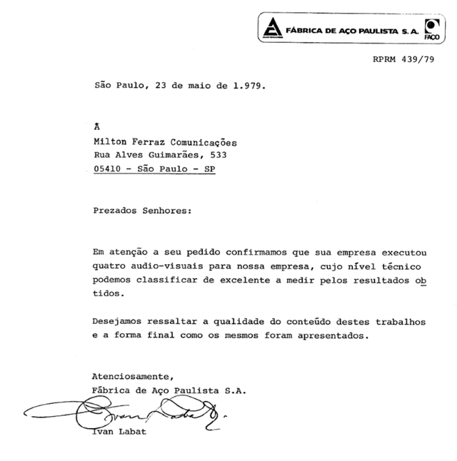 Carta da Fábrica de Aço Paulista – Allis Chalmers