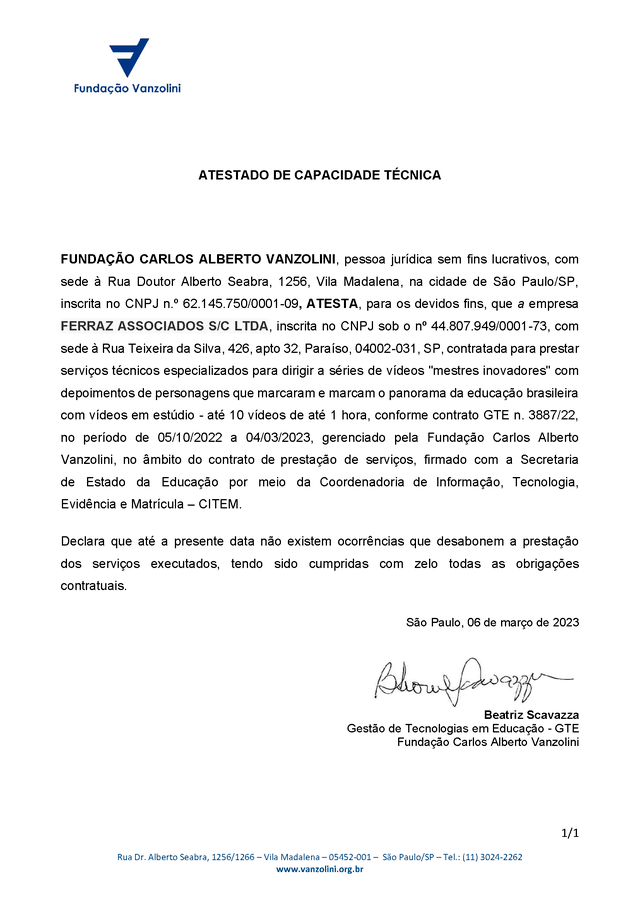 Imagem do atestado de capacidade técnica da Fundação Vanzolini com dados administrativos ocultados na prévia