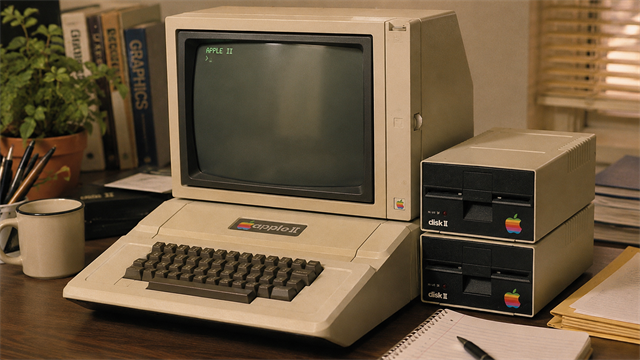 Microcomputador Apple II em ambiente de escritório
