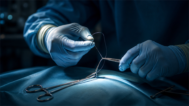 Mãos com luvas manipulando fio e porta-agulha