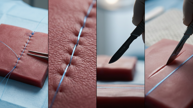 Sequência visual com sutura, dissecção e incisão em simuladores