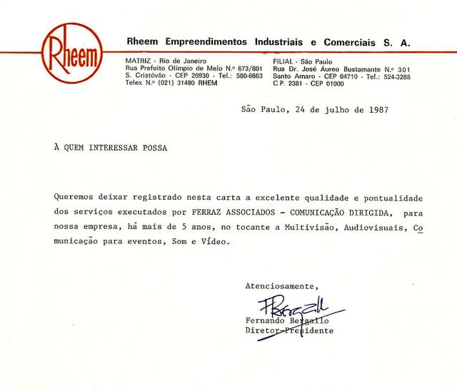 Carta da Rheem Metalúrgica